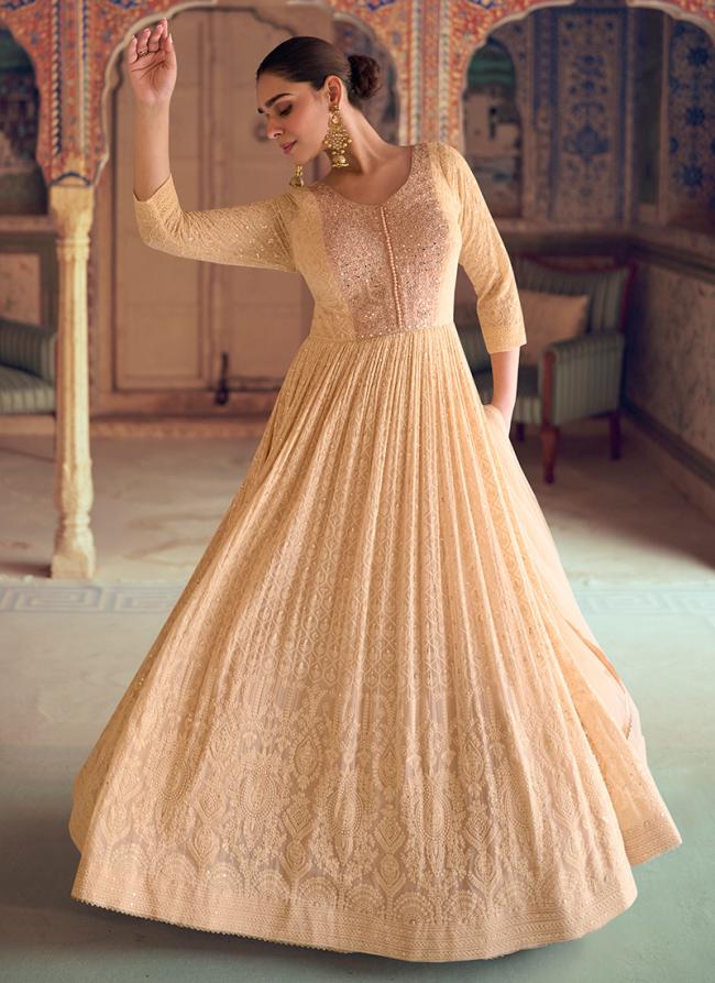 Georgette Peach Wedding Wear Embroidery Work Readymade Gown With Dupatta